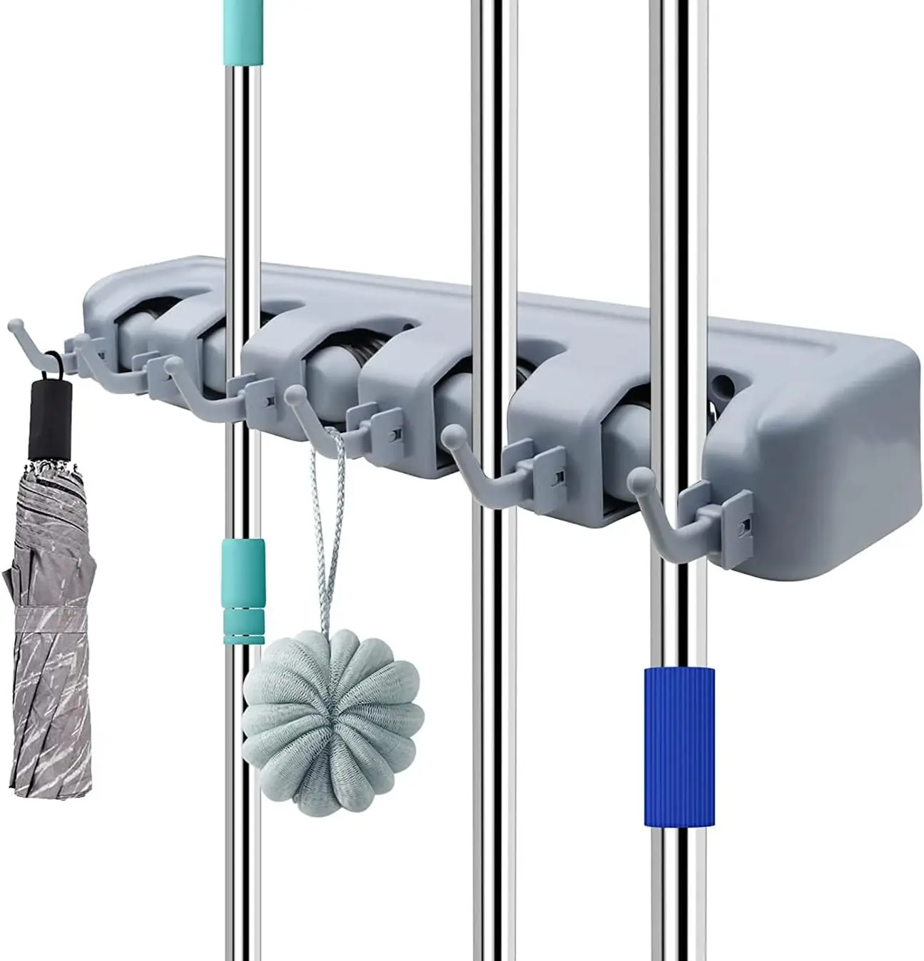 Mop and Broom Holder, Wall Mounted Organizer Mop and Broom Saving Space Storage Rack 5 Position With 6 Hooks