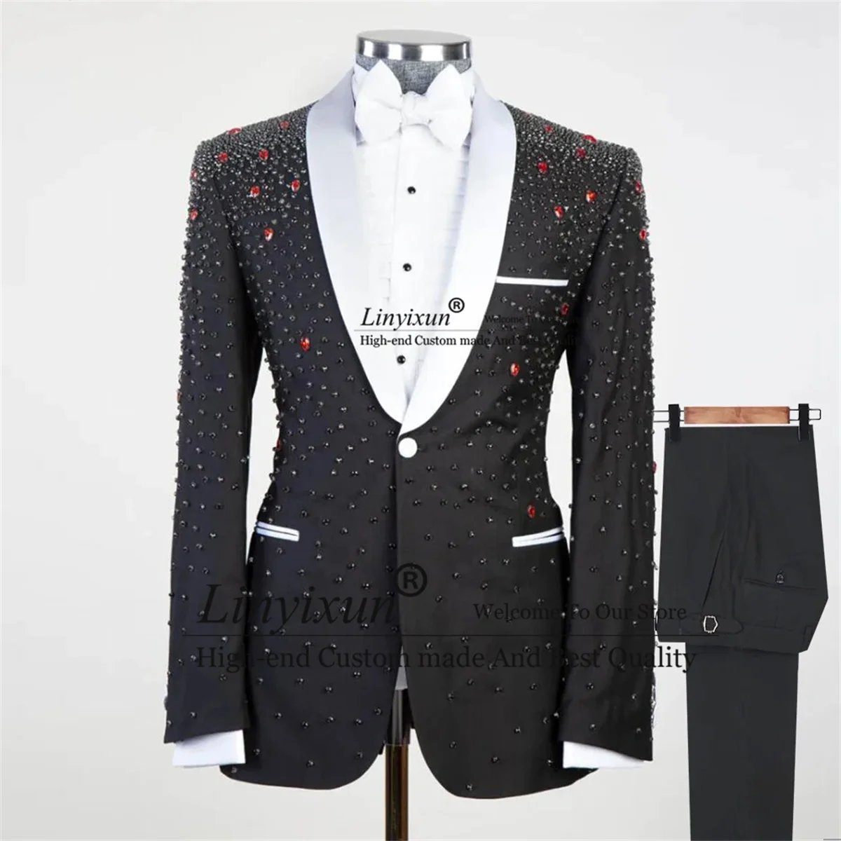 

Pearl Embroidered Tuxedos Luxury Beaded Wedding Men Suits 2 Pieces Sets Party Prom Blazers Slim Fit Dinner Groom Costume Homme