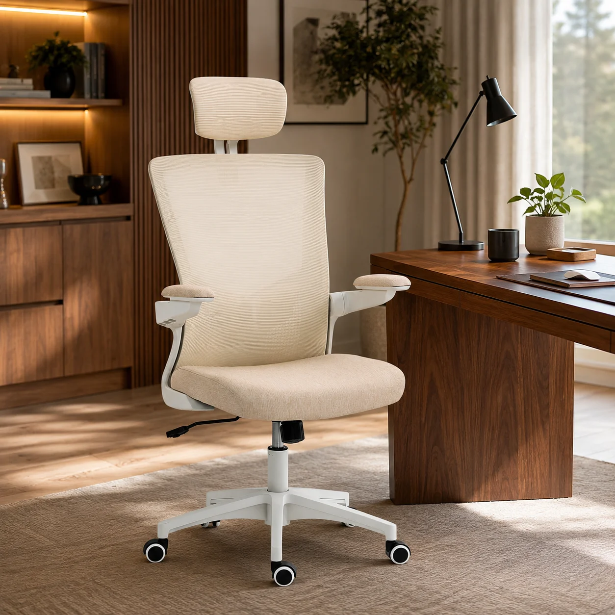 Chaise bureau ergonomique, fauteuil de bureau, accoudoirs relevables, soutien lombaire, appui-tête, 60x63x120cm, beige