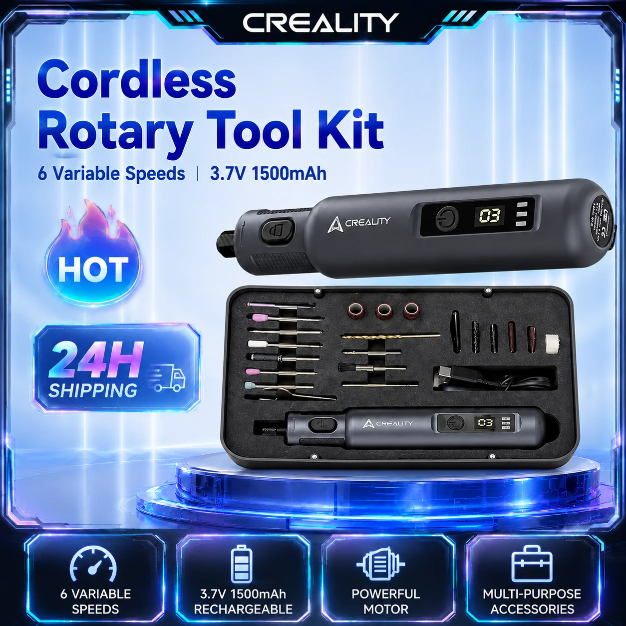 Creality Cordless Rotary Tool Kit 6 Variable Speeds 6th Gear Adjustment 3.7V 1500mAh Cordless Handheld 3D Printer Parts
