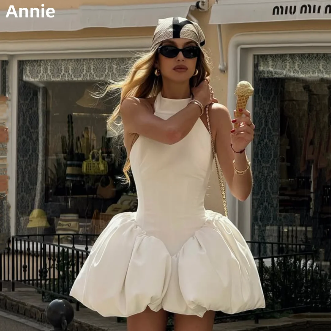 

Annie Sweetheart Princess White Prom Dresses Halter Neck Fluffy Mini Short Evening Dresses A-shaped Sexy Backless فساتين سهرة