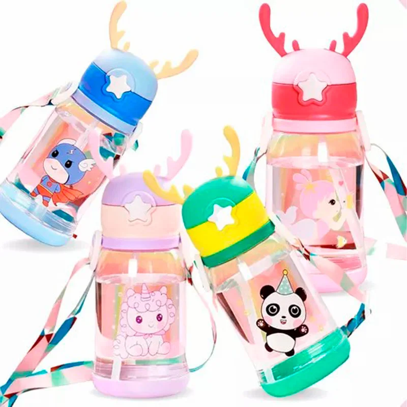 Baby Kid's Bottle with Lid and Straw and Horn Handle