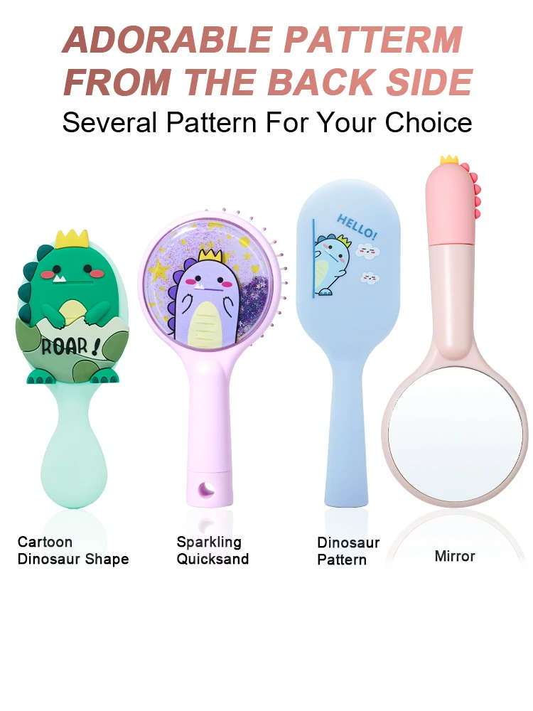 Zestaw szczotek do włosów Cute Cartoon Dinosaur Detangling Mini Brush Set Travel Protable Comb Folding Mirror for Child Baby Girls Boys