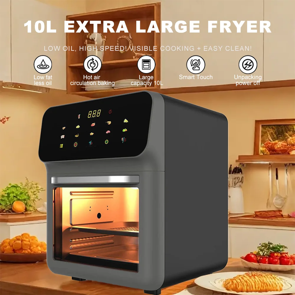 Horno eléctrico de gran capacidad de 10L, freidora de aire Visible multifuncional automática sin aceite para el hogar para hornear, asar y cocinar al vapor