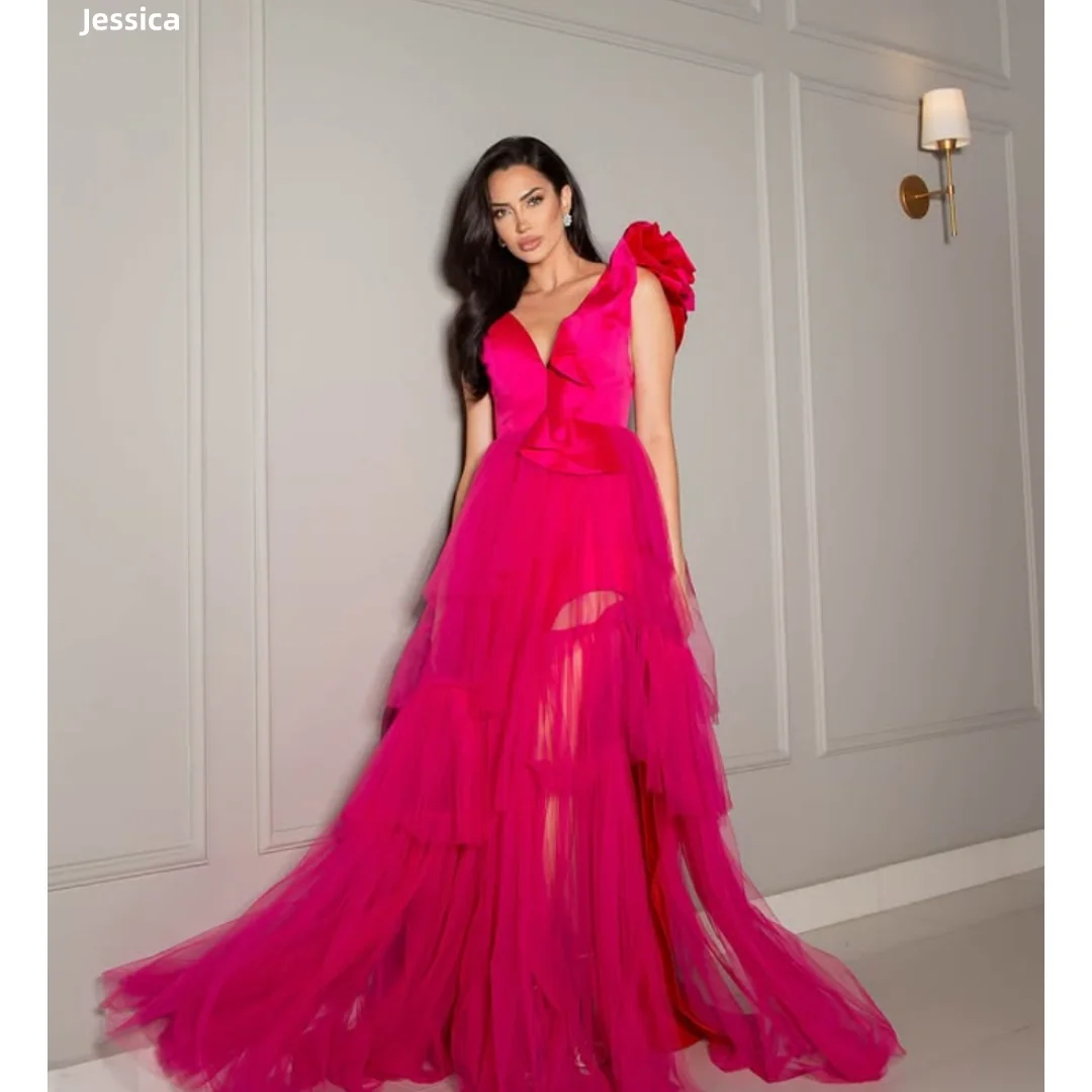 

Jessica Hot Pink Evening Dresses V-neck Tulle Prom Dresses Sexy Backless A-line Wedding Party Dresses Customized