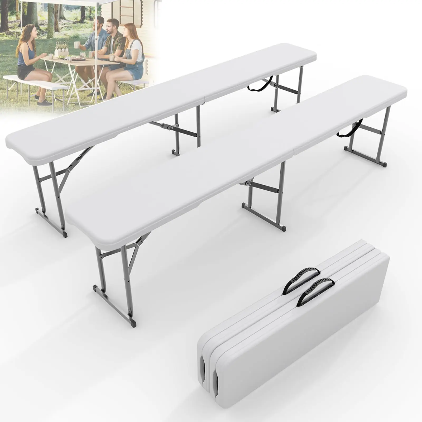 2-Pack 6 ft Plastic Folding Bench, Portable Indoor Outdoor Bench Seat for Picnic, Camping, Party, Dining, Garden, Soccer Games and Events