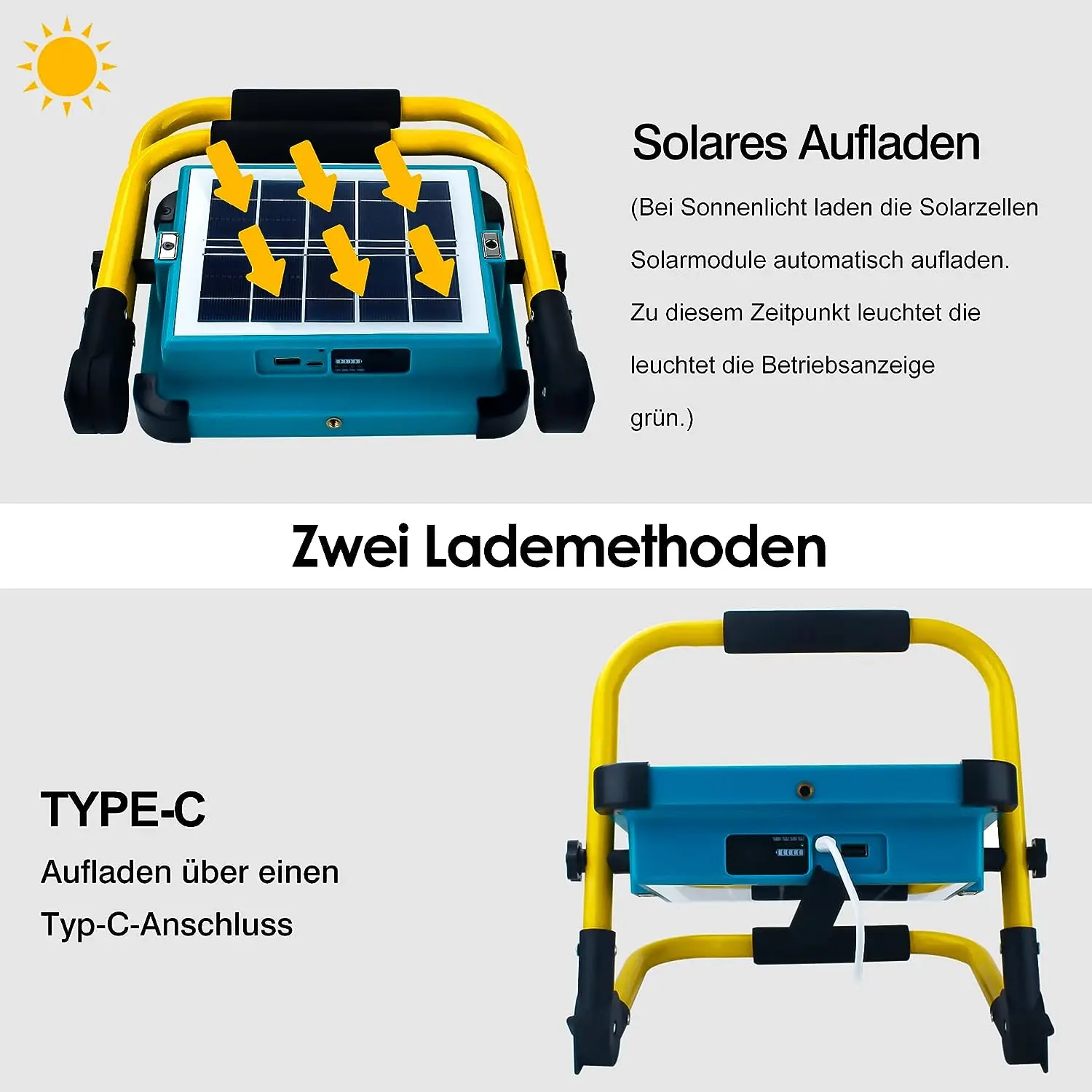 Schijnwerper Led Batterij Met Statief, Draagbare Led Spotlight Batterij Met 10500 Mah Batterij, Type C En Zonne-Energie Opladen, 4 Lichtmodi