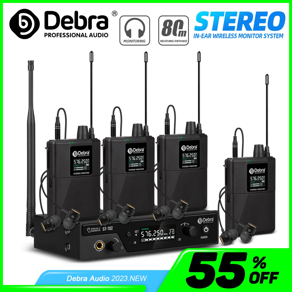 Debra Stereo In-Ear Monitor System Professional Stage Recording Wireless ST-102 for Studio Drummer Instrument