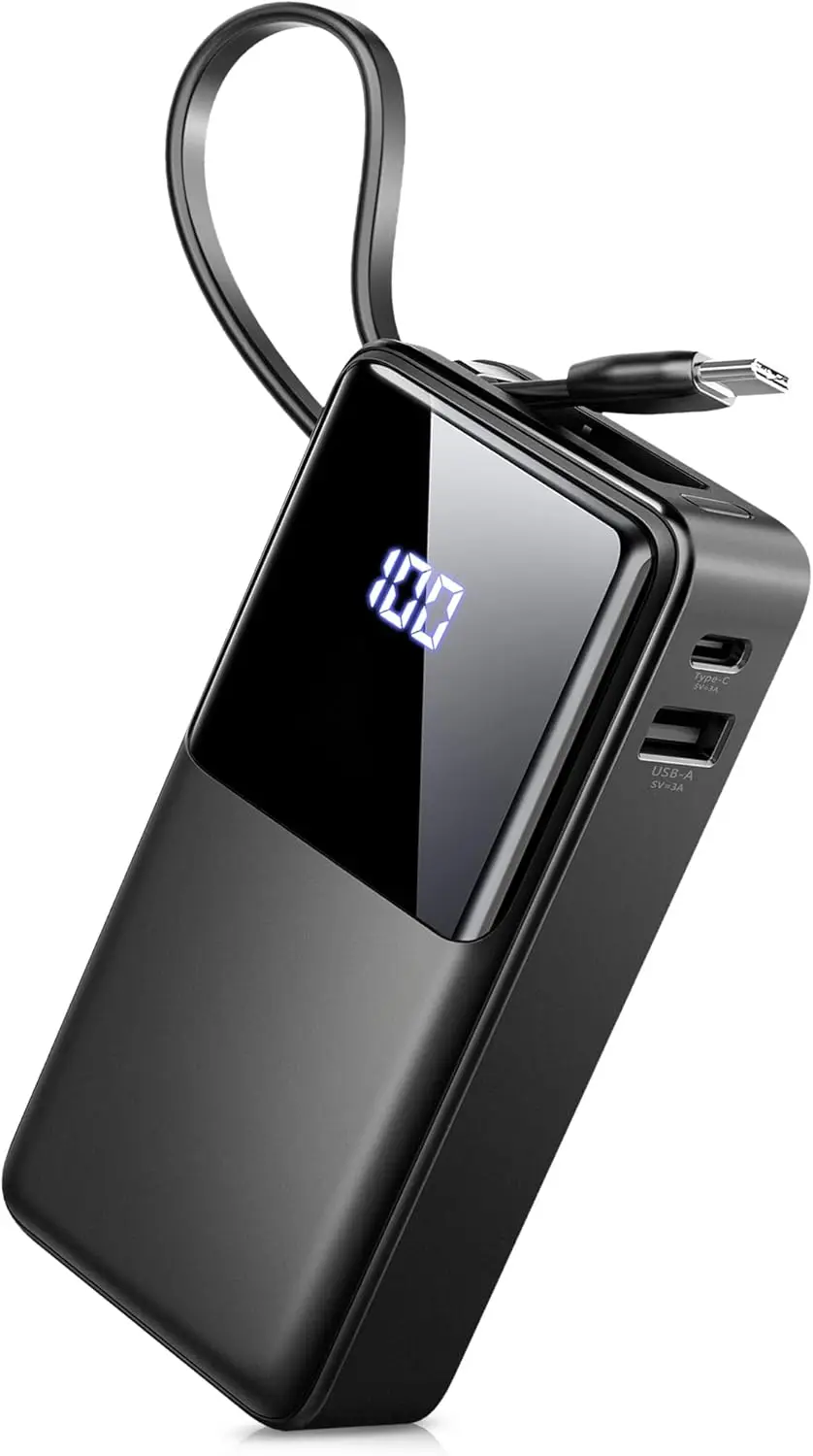 Batería Externa 2026 de 10000mAh, Carga Rápida 5V/3A, Batería Portátil con Cable Integrado en Entrada y Salida USB C de Alta Velocidad, Pantalla LED para iPhone, Android, Galaxy, Tablets y Más MOIL