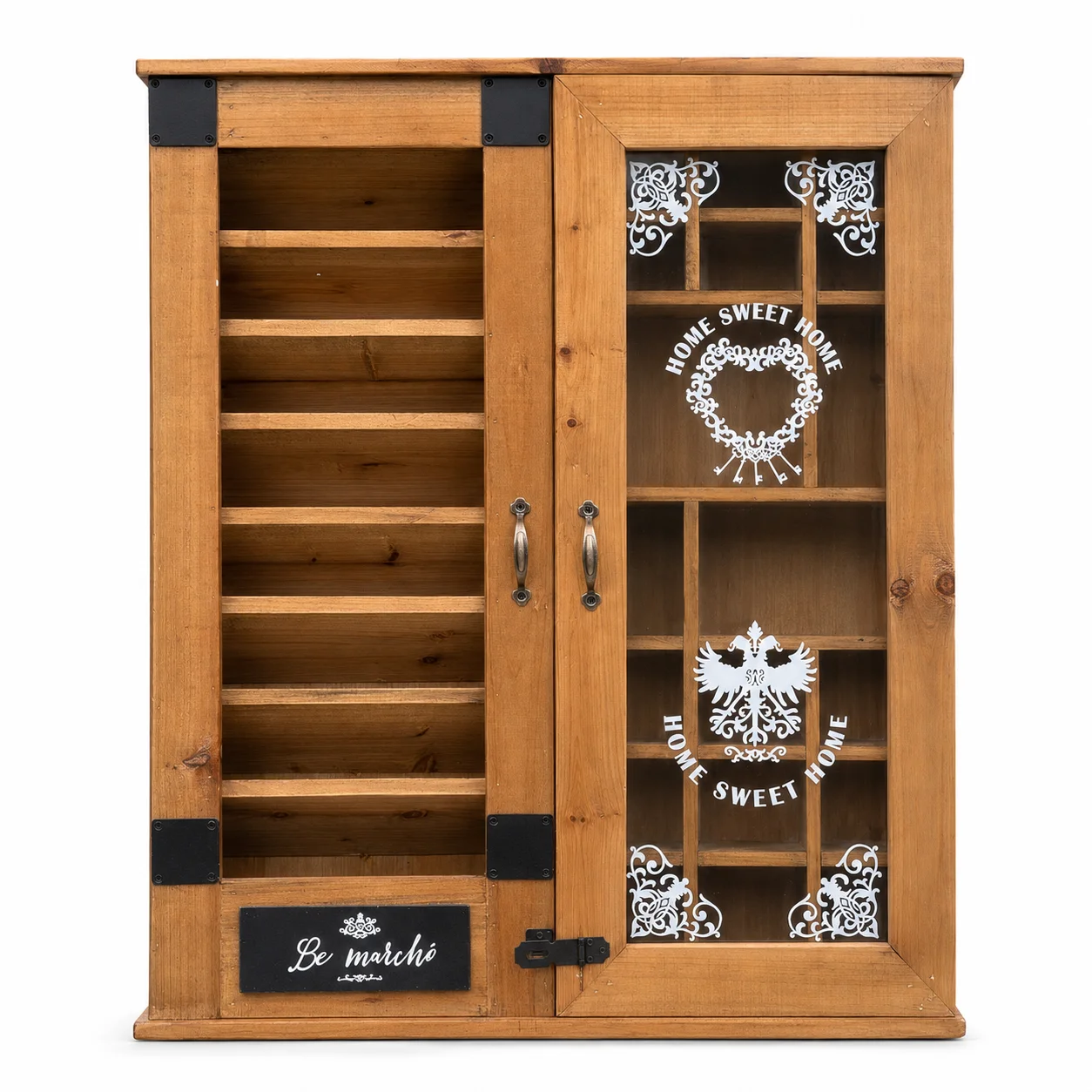 Vintage Solid Wood Wall Cabinet with Glass Door, Multi-Compartment Storage Shelf and Hooks, Rustic Hanging Organizer