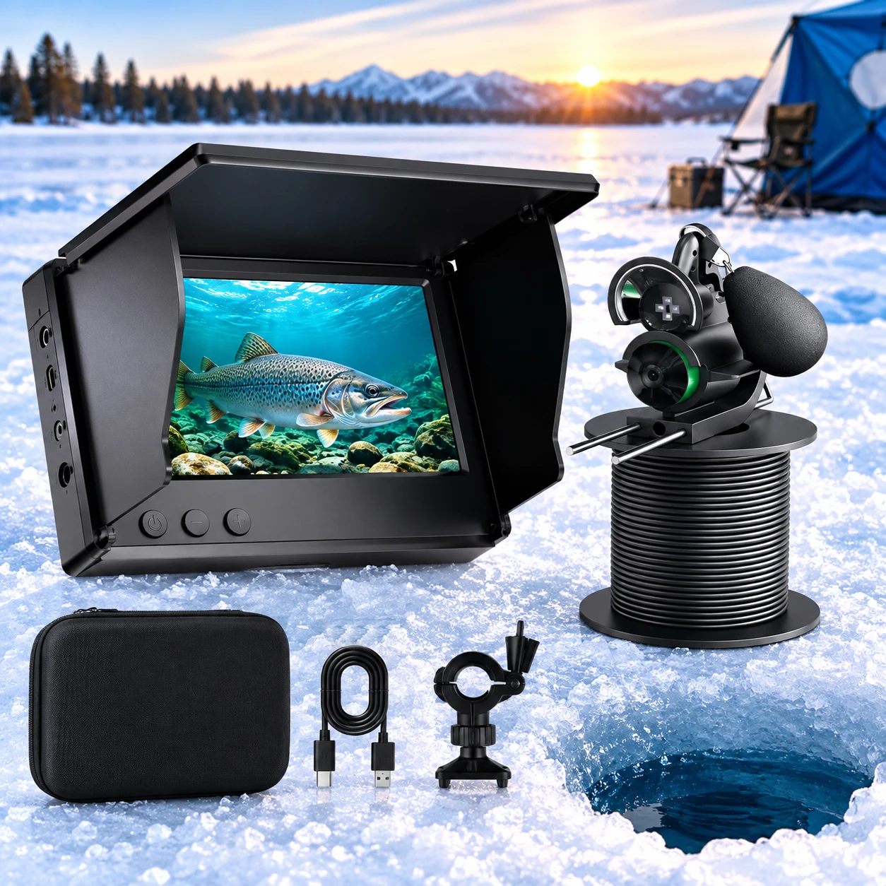 Underwater Fishing Camera 4.3 Inch HD Monitor 1200TVL Fish Finder Camera with 100FT Cable IR Night Vision IP68 for Ice Lake Boat