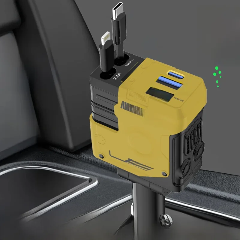 USB Car Phone Charger Adapter with Retractable Cable LED Voltage Monitor 4 in 1 Super Fast Charge for iPhone Samsung Huawei