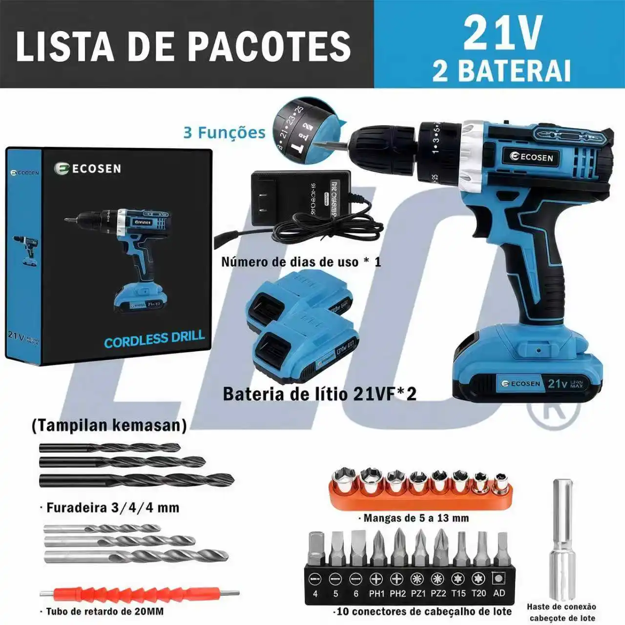 Furadeira Parafusadeira de Impacto 3 Funções 21V Bateria 6500mAh Kit Completo com Extensor de 15cm