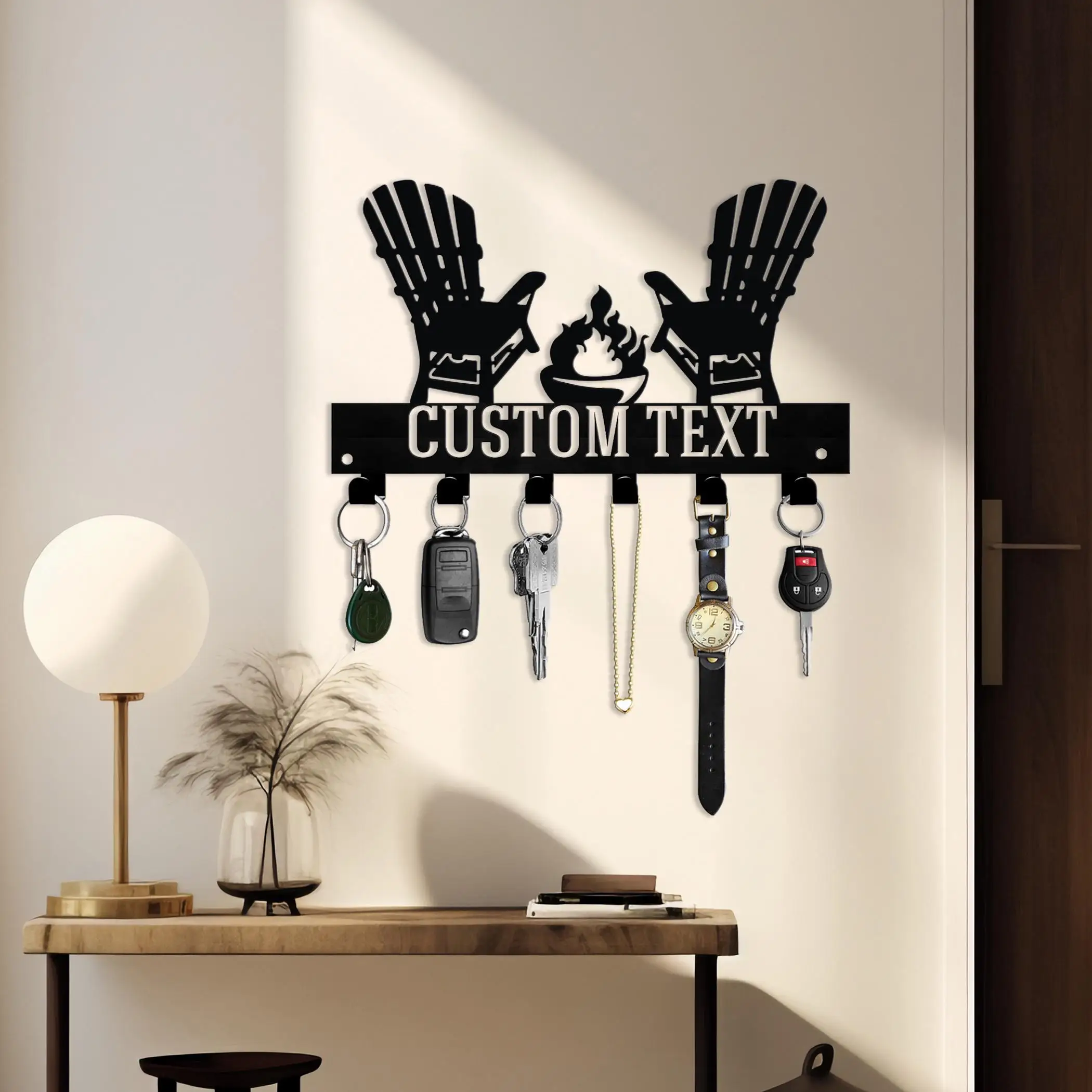 Personalized Campfire Glove Key Holder, Wall-Mounted Metal Organizer with Fire Pit Silhouette for Rustic or Outdoor-Themed
