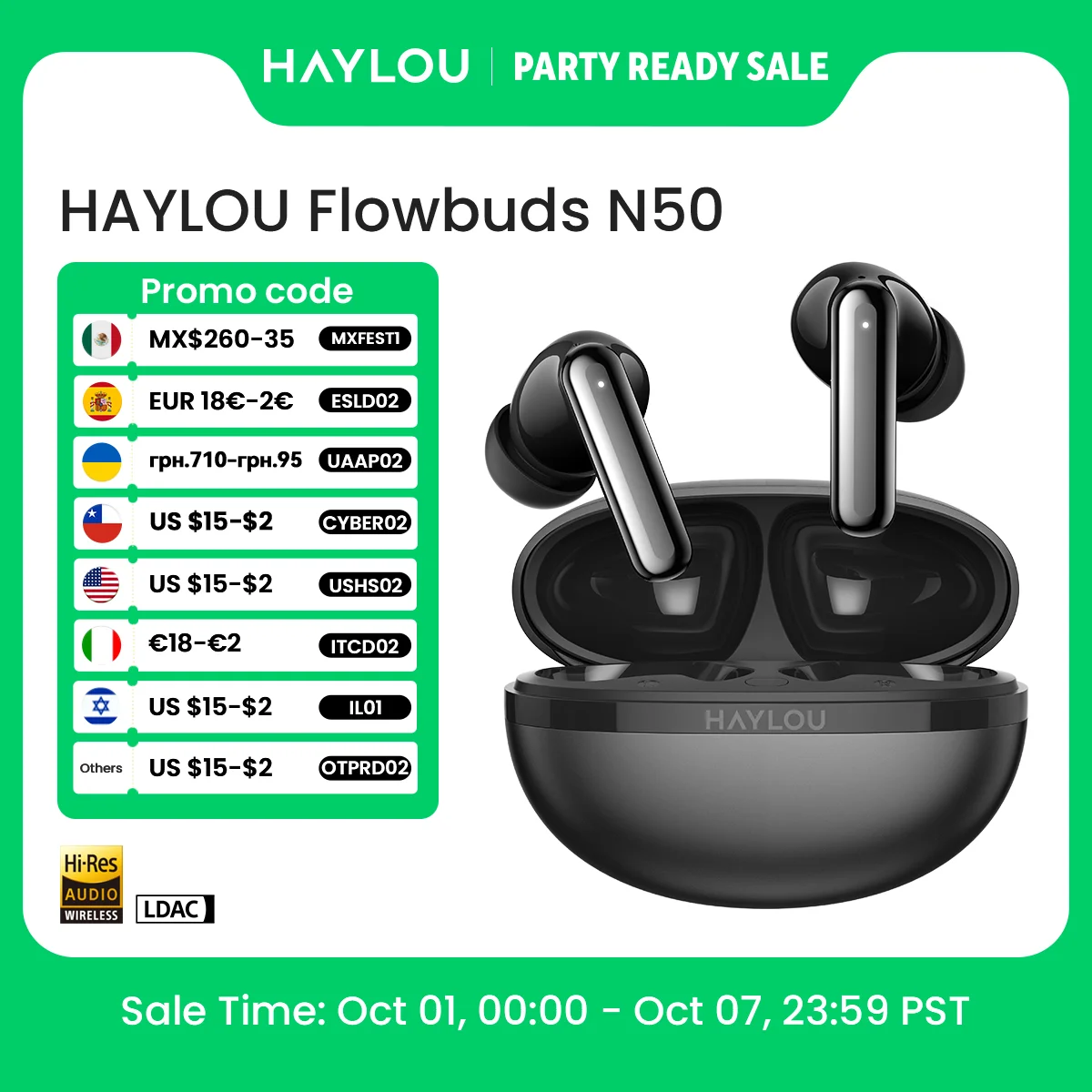 HAYLOU Flowbuds N50 ANC Bluetooth 6.0 Wireless Earphones Active Noise Cancellation 6 Mics AI Claer Call Earbuds 32H Playtime