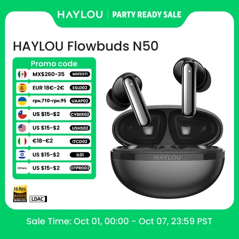 HAYLOU Flowbuds N50 ANC Bluetooth 6.0 Wireless Earphones Active Noise Cancellation 6 Mics AI Claer Call Earbuds 32H Playtime