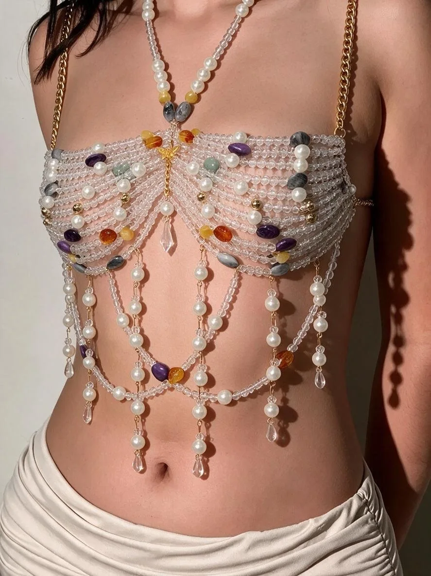 Handmade Rave Outfit Colorful Gemstone Beaded Cover up Bralette Mermaid Core Crystal Pearl Tassel Body Harness Bra Chain Top