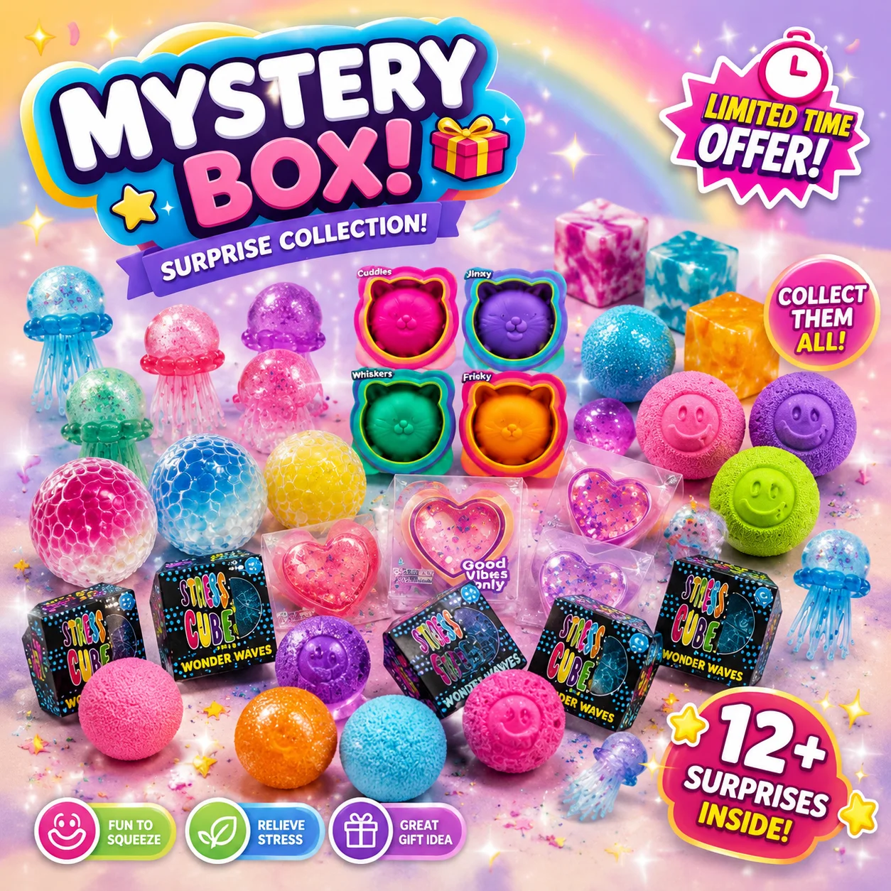 New Arrival Random Style Mixed Squeeze Mochi Toy Set, Cute Peach Bread Octopus Paw Squishies, Stretch Gorilla Fox Micro Bricks Fake Cash, Portable Stress Relief Holiday Gift For Boys Girls（Random one）
