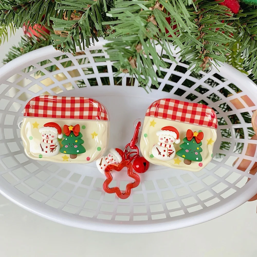 

Cute plaid smiling snowman Christmas tree headphone protective case, suitable for AirPods4/3/2Pro/2/3,shockproof protective case