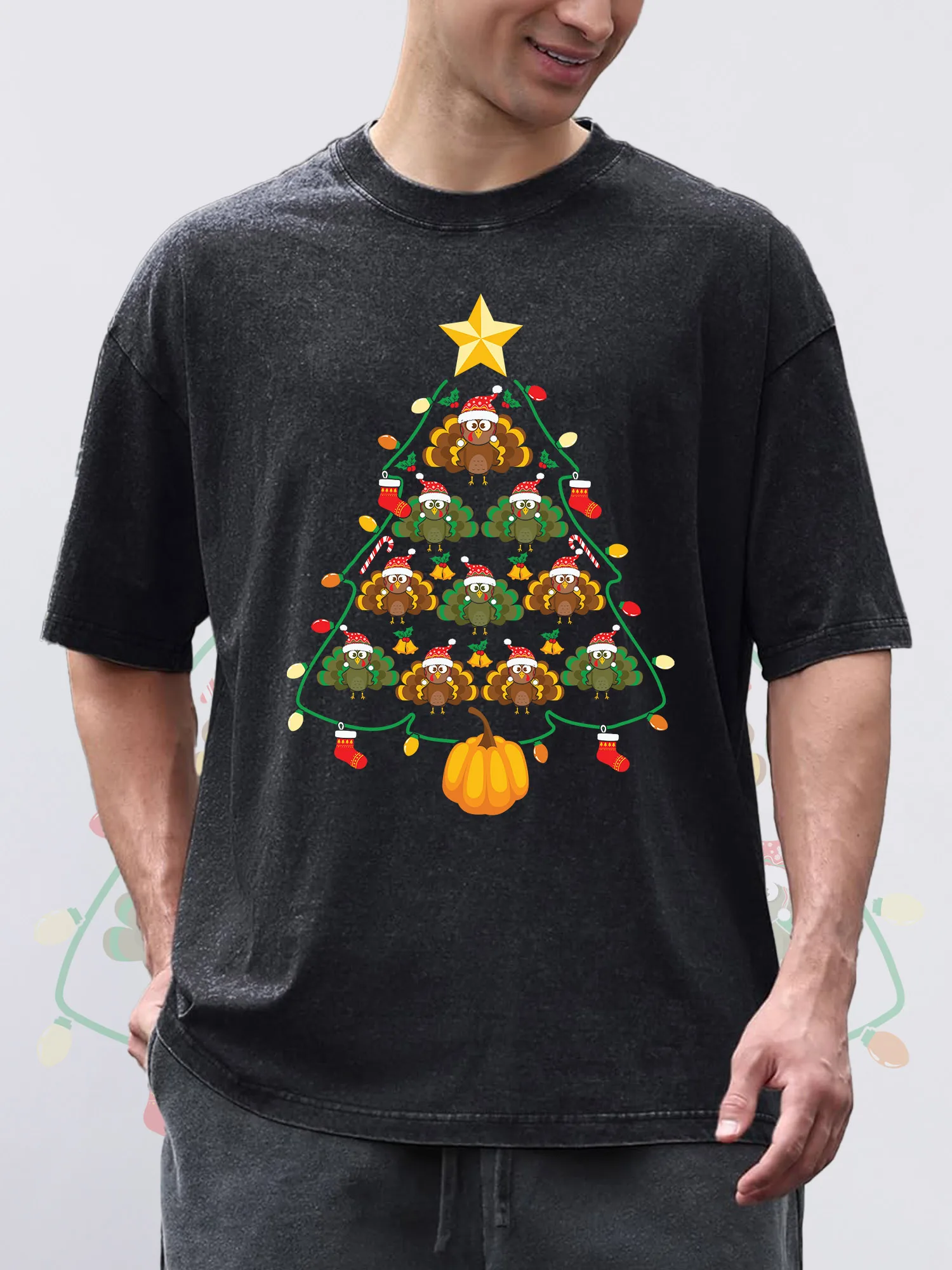 

Men's T-Shirts Christmas Tree Printed Black Short-Sleeved Round Neck 100% Pure Cotton Acid Wash Suitable For Christmas