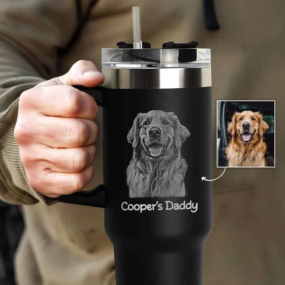 Custom Dog Photo 40oz Tumbler With Handle Straw Stainless Steel Insulated Cup Pet Portrait Dog Daddy Christmas Gift For Dog Love