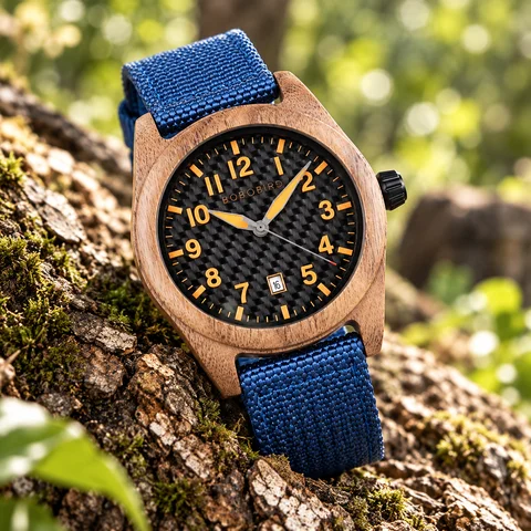 BOBO BIRD Men Walnut Wood Watch 44mm Quartz Wristwatch Carbon Fiber Dial Blue Adjustable Nylon Strap Date Display Gift for Him
