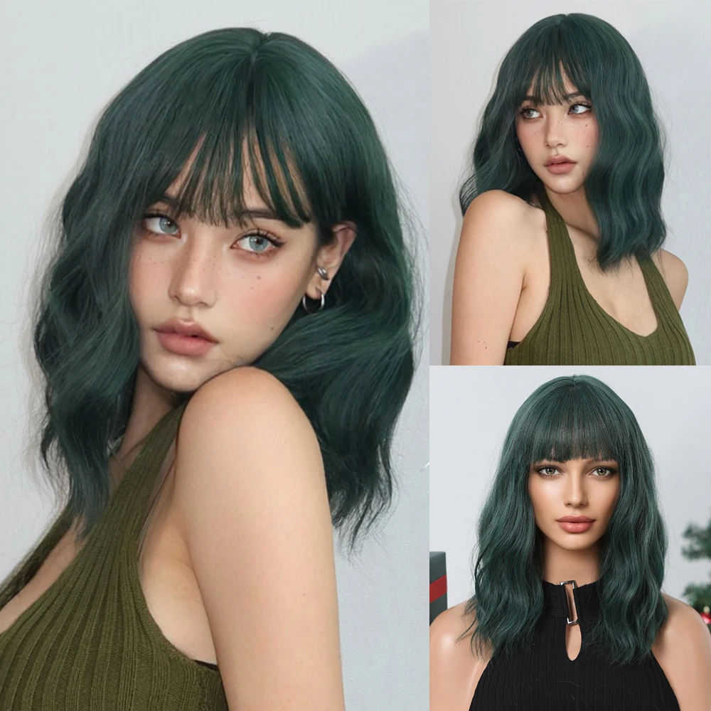 Bob Curly Green Black Synthetic Wigs Short Fluffy Wavy Cosplay Halloween Wig with Bangs for Women Natural Hair Heat Resistant