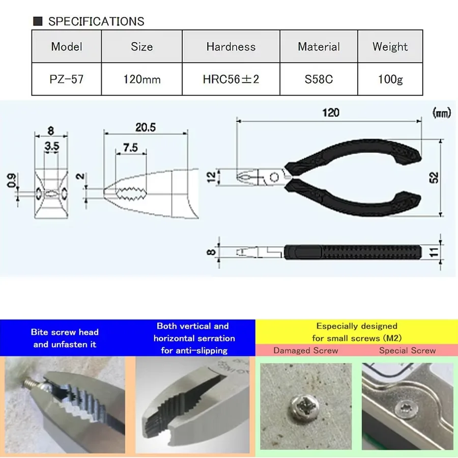 ENGINEER PZ-57 Screw Removal Plier 120mm Non-slip Jaws Stripped Rusted screws of Diameter 2-3.5mm Anti-Static Repair Hand Tools