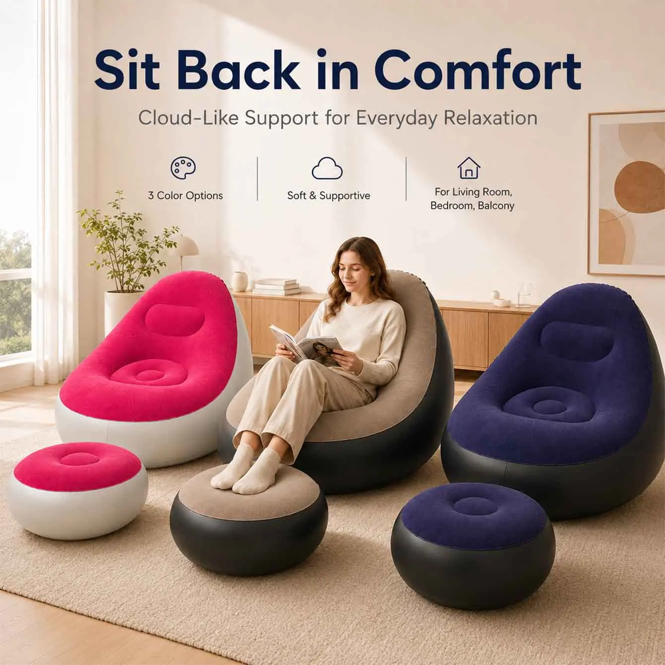 1PC Inflatable Lounge Chair for Adults, Folding Portable Lazy Sofa with Foot Stool Lazy Flocking Recliner Chair Air Couch Sofa