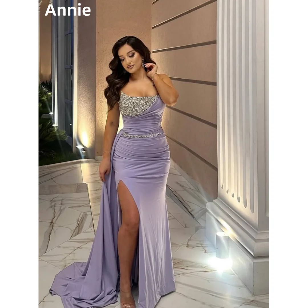 

Annie Mauve Prom Dresses Handmade Glitter Beads Evening Dresses Slim Fit With Pleated Side Slits Princess Wedding Party Dresses