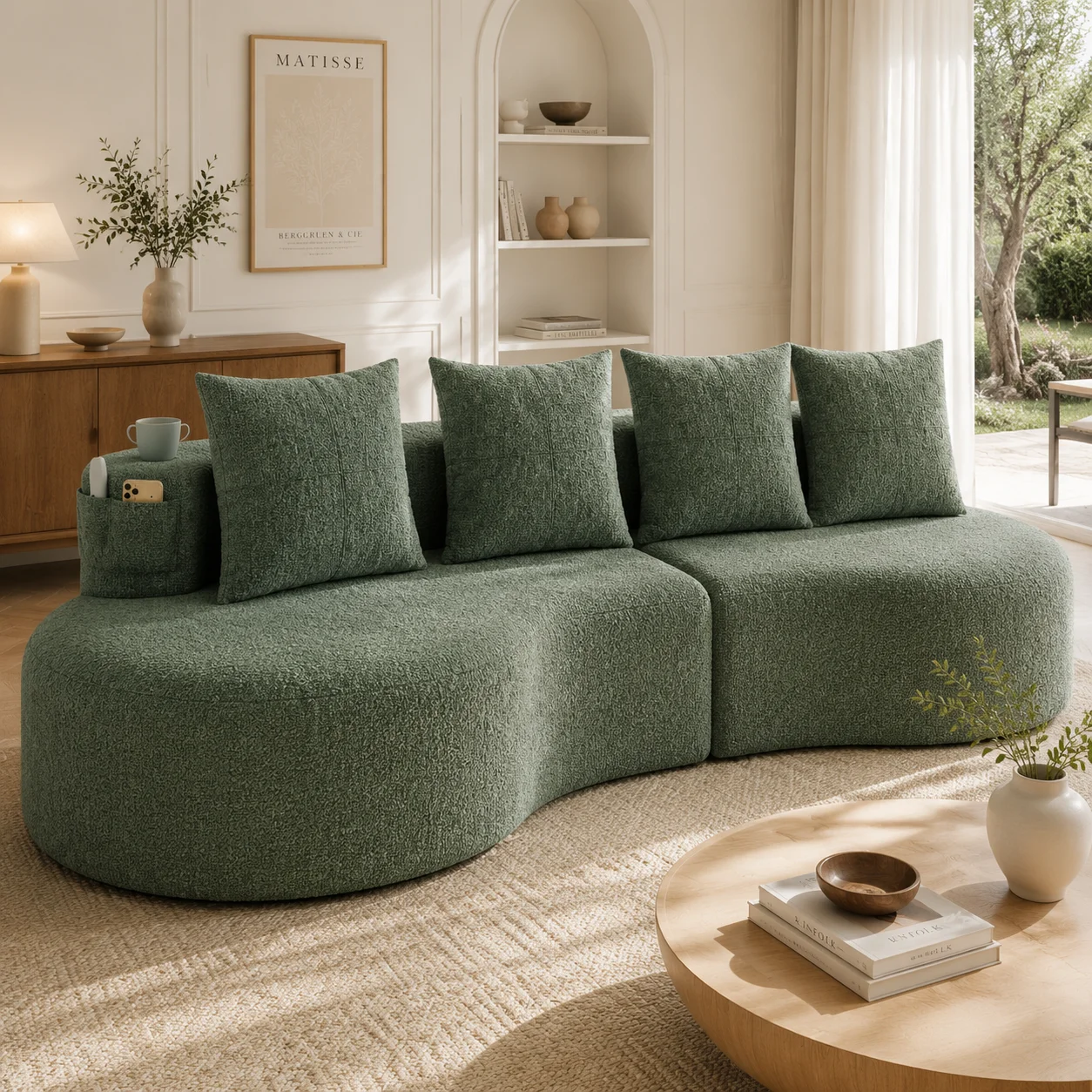 Leinenstoff-Sofa mit 4 Kissen, Hochdichtschaum & Federkern, Tassenhalter & Seitentasche – bequem & atmungsaktiv, für Wohnzimmer, Gästezimmer, Balkon – Grün