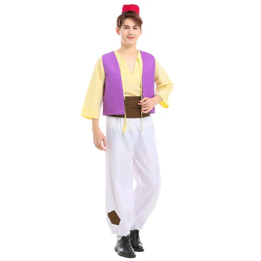علاء الدين زي الرجال الأمير العربي تأثيري الملابس للكبار أعلى السراويل قبعة ملابس هالوين كرنفال مرحلة الأداء البدلة