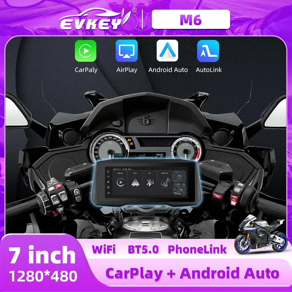 EVKEY 7inch Portable Motorcycle CarPlay Navigation Wireless Android Auto Wireless Airplay Motorcycle Wireless Helmet Screen DVR