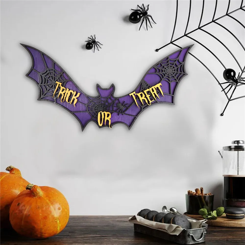 2022 Halloween Wood Ornaments Purple Bat Wall Door Hanging TRICK OR TRERT for Halloween Home Decoration Crafts