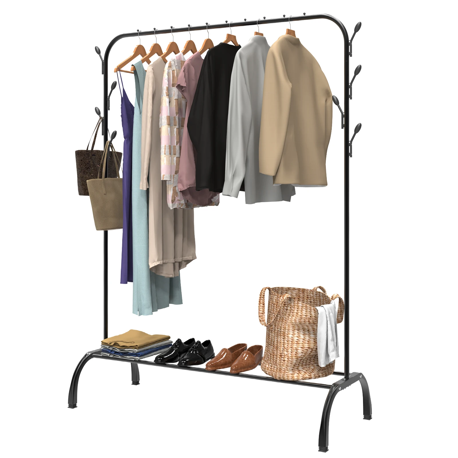 Robuster Wäscheständer, stabiler Kleiderständer aus Metall mit einer Stange und 2 seitlichen Haken – freistehender, tragbarer Kleiderorganizer für Schlafzimmer, Geschäft, Ausstellung