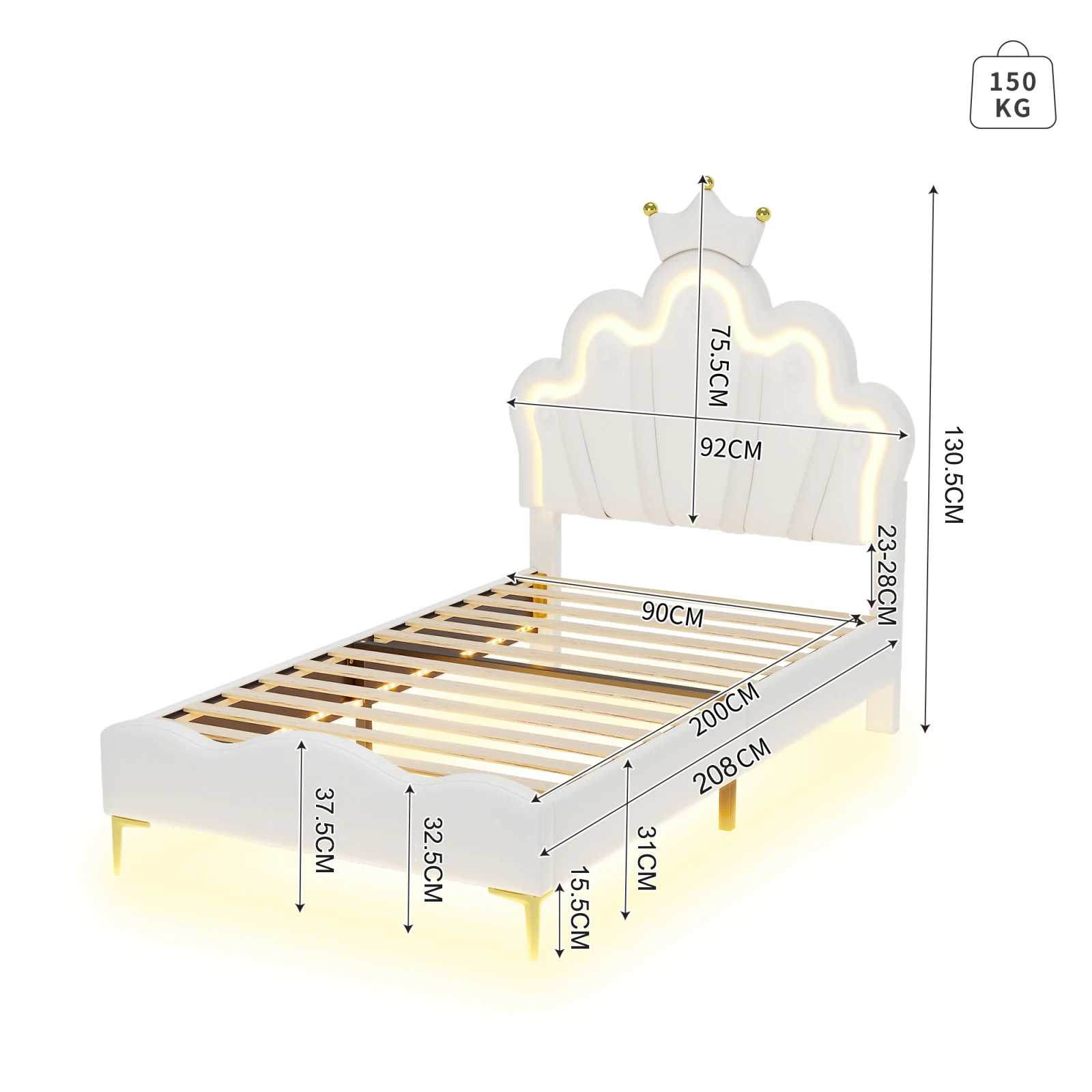 WoodenAura Kinderbed, eenpersoonsbed, prinsessenbed, met led-lichtstrip, in hoogte verstelbaar hoofdeinde, 90x200 cm, wit.