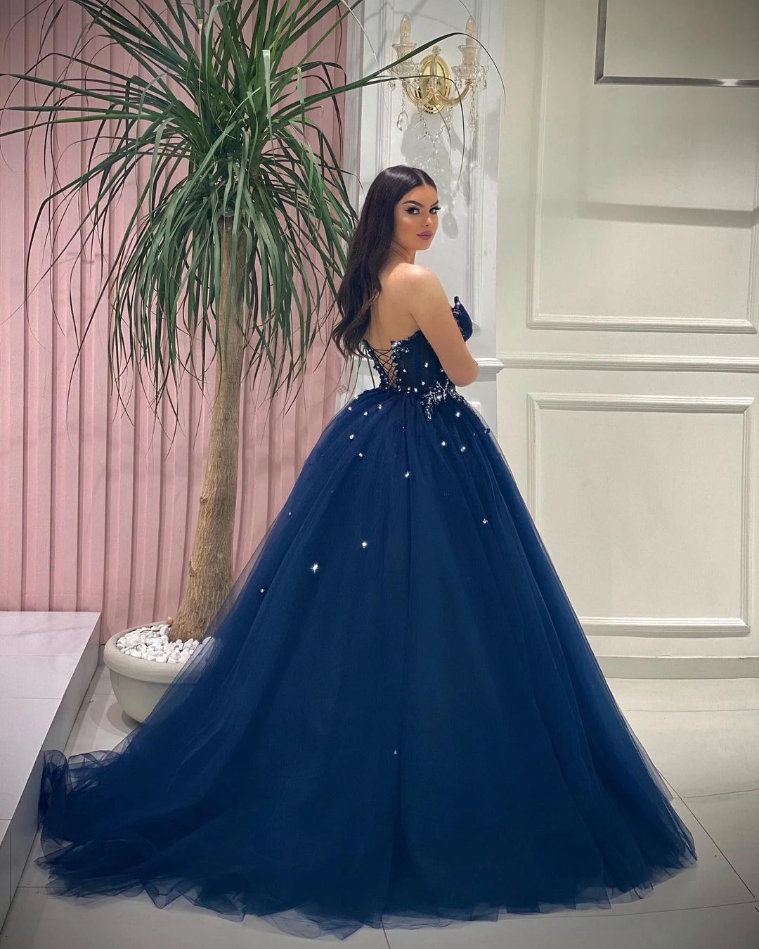 Vestido de tule com renda para mulheres, azul marinho, querida, vestidos elegantes Quinceanera, vestidos formais de festa, luxo, 2024