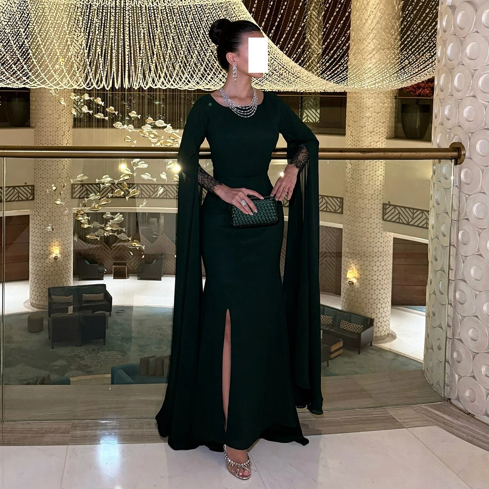 

Msikoods Elegant Customized Prom Gown Long Sleeve Lace Cape Side Slit Long Mermaid Evening Dress Women Saudi Arabic Party Gown