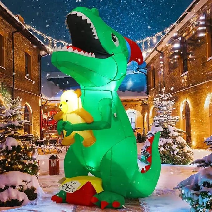 GOOSH 6,5 pies inflables navideños dinosaurio decoraciones al aire libre patio T Rex con sombrero de Navidad sosteniendo un oso con LED incorporados