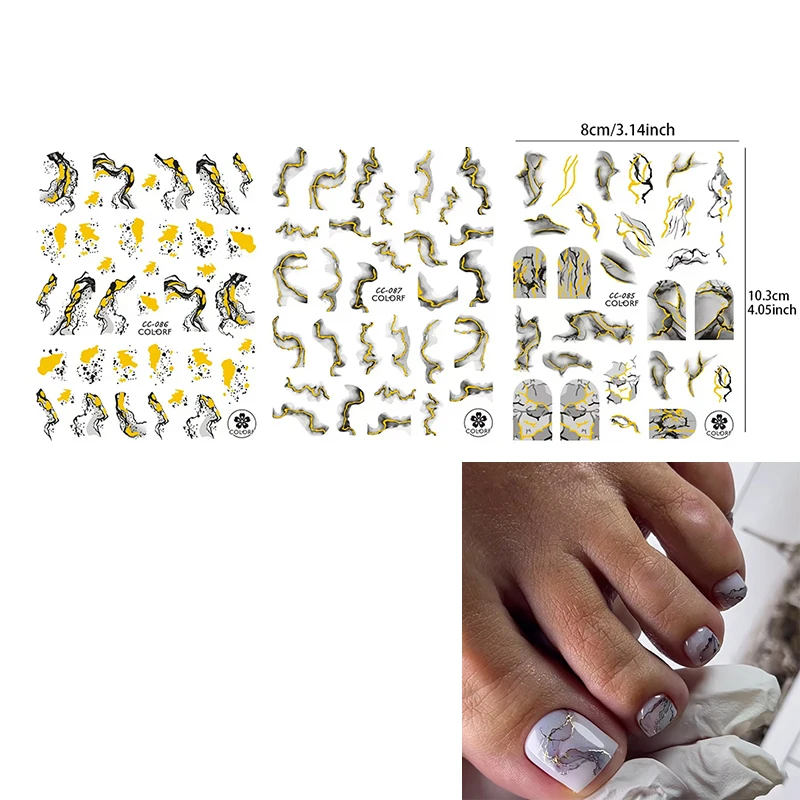 Gold Marble Blooming Ink Nail Art Stickers 3D Metallic Wave Stripes Line Geometric Manicure Nail Decals Adhesive Sliders Decors