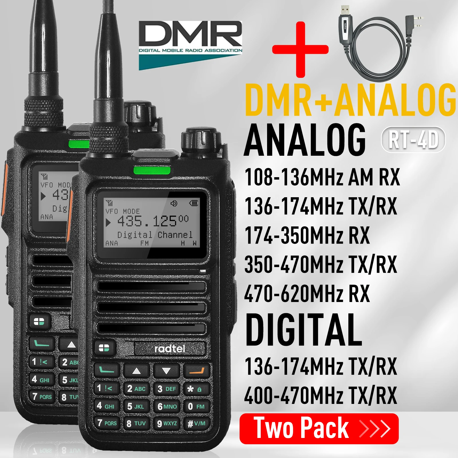 Radtel RT-4D DMR Digital Walkie Talkie Dual Mode Analog/Digital Radio Dual Time Slot 1024 Channels 2pcs Accessories + Programmin