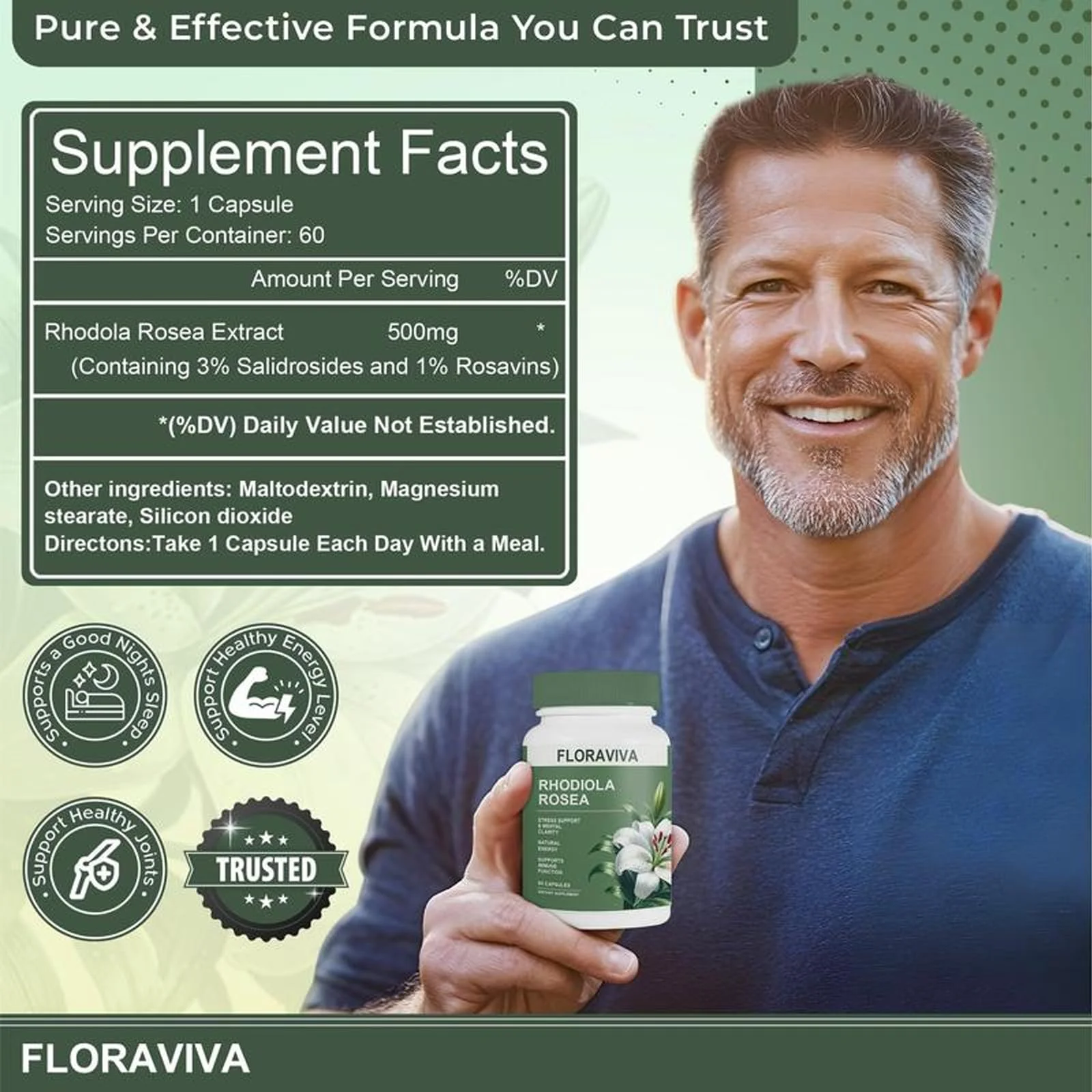 Floraviva Rhodiola Rosea Capsules 500mg - Natural Adaptogen Supplement for Stress Support, Mental Focus & Energy - Non-GMO