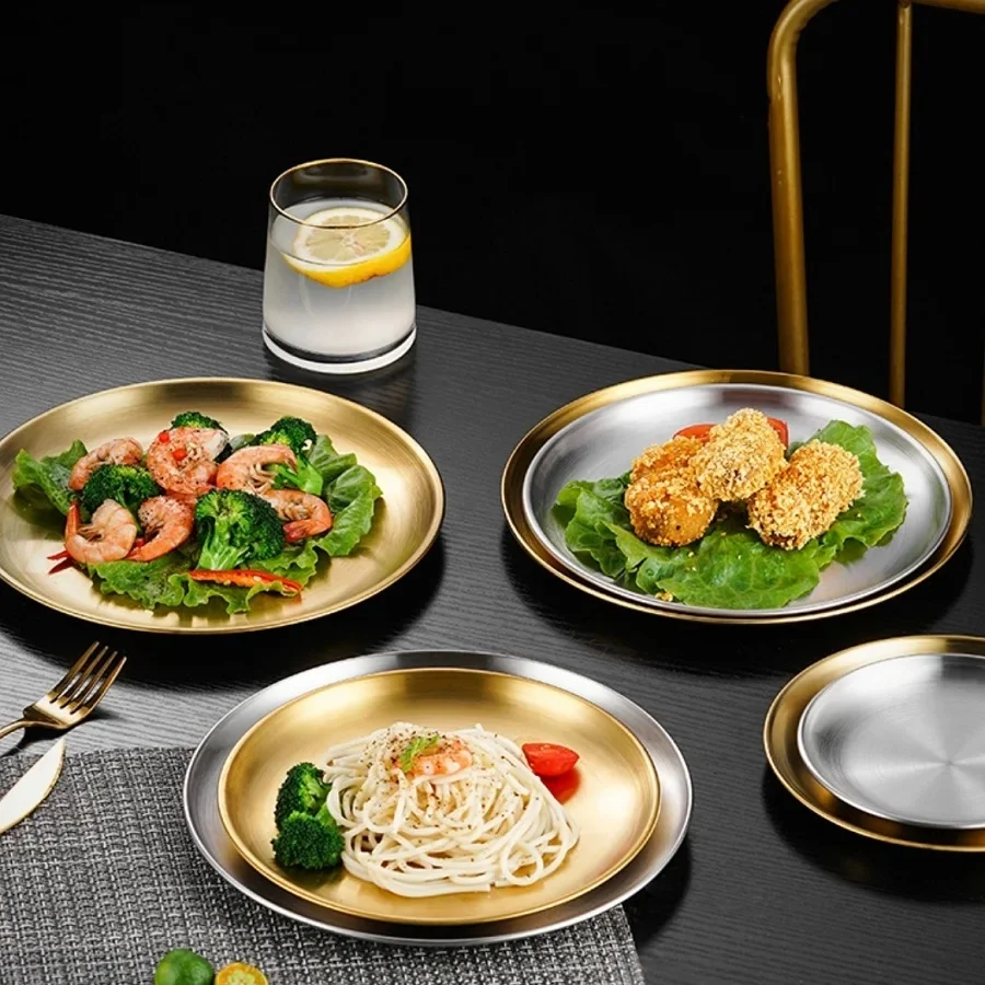 Plateau à assiettes, plateau à manger, assiette à steak, assiette de barbecue, assiette de barbecue circulaire coréenne en acier inoxydable