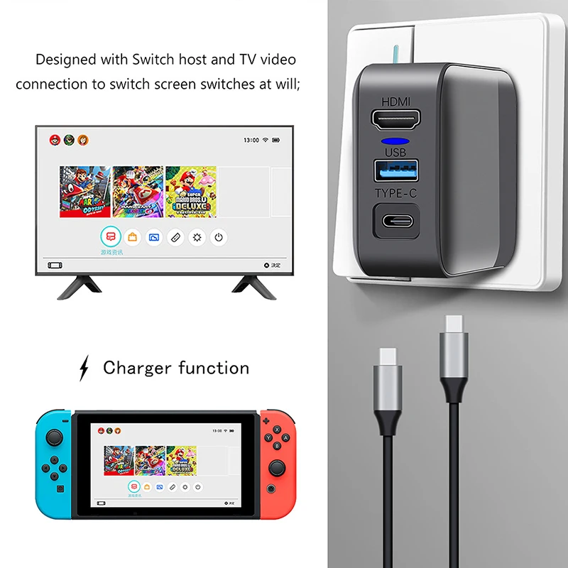 NS-Switch AC 어댑터 충전기 TV 변환 도크, 4K HD HDMI 호환 출력, USB 3.0, C타입 PD 고속 충전, 스위치 콘솔용