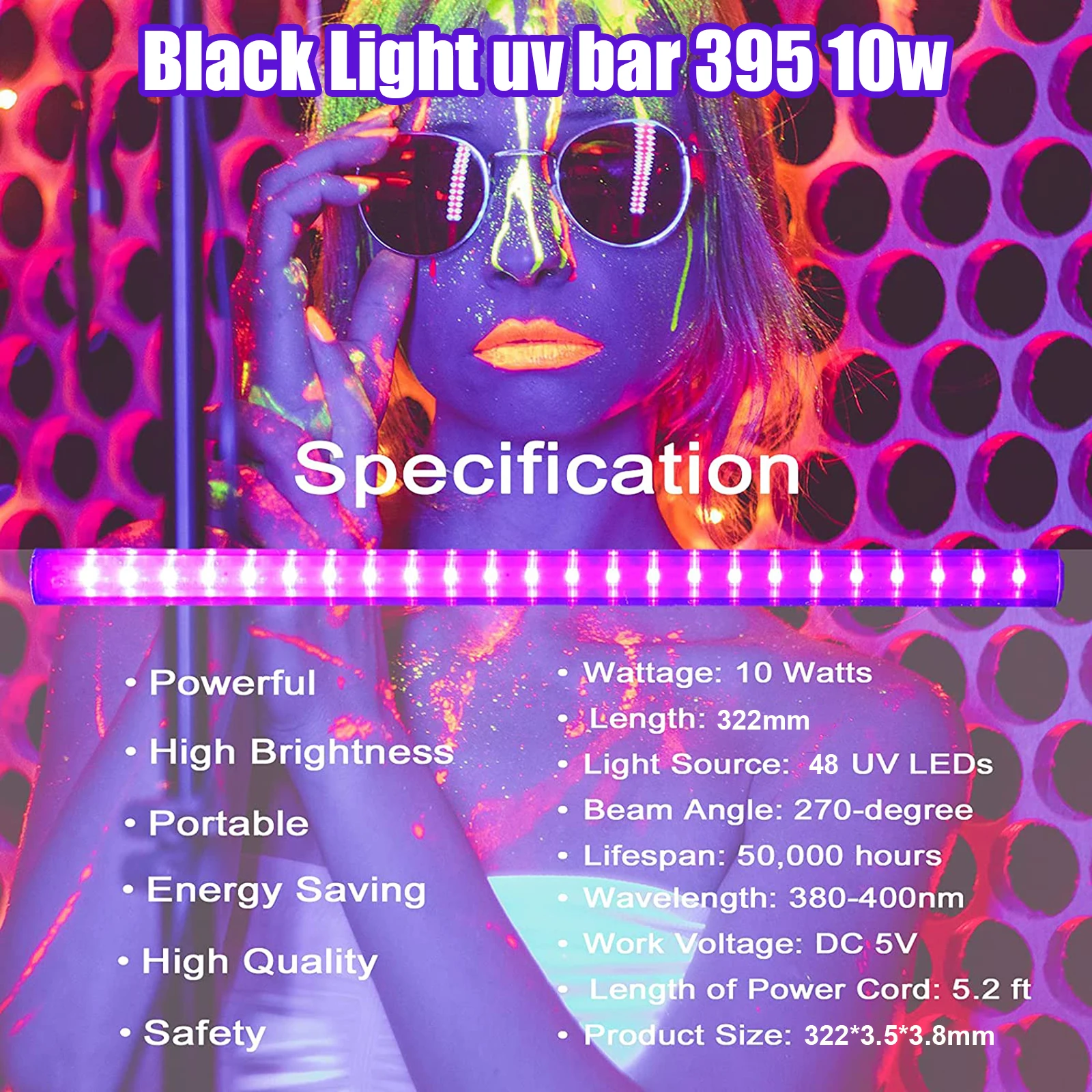 Lampada a luce nera INDMIRD 10W, tubo a luce nera UV, lampada a LED 395nm, barra Blacklight per Halloween,Club,Party, discoteca