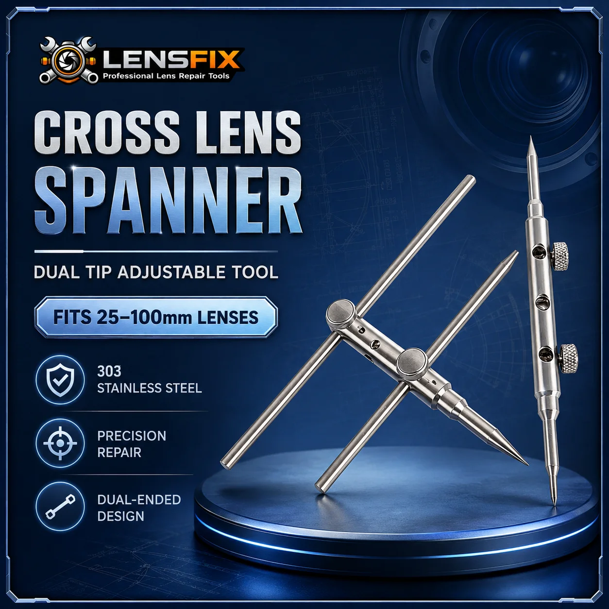 Camera Lens Spanner Wrench 25-110mm Adjustable Cross Repair Tool Stainless Steel Opener for Lens Disassembly