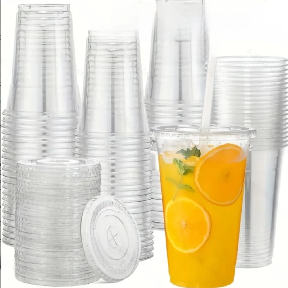 50 STKS Wegwerp Plastic Bekers met Deksels voor Ijs Koffie Koude Drankjes Plastic Bekers Thuis Restaurant Drinkwinkel Party Picknick Party - afbeelding 2