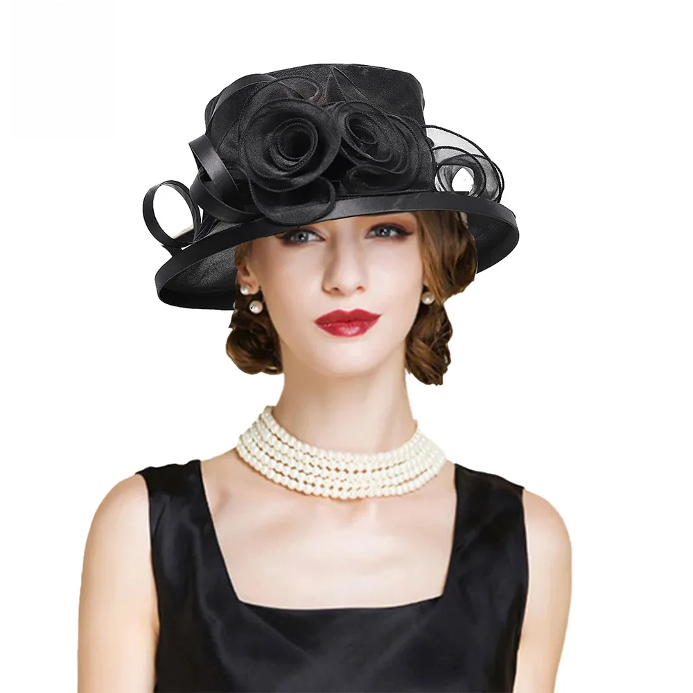 FS 2024 Flat Top Sun Visor Hats For Women Flower Elegant Wedding Bridal Tea Party Millinery UV Protection Derby Cap Female Hat — zdjęcie 2