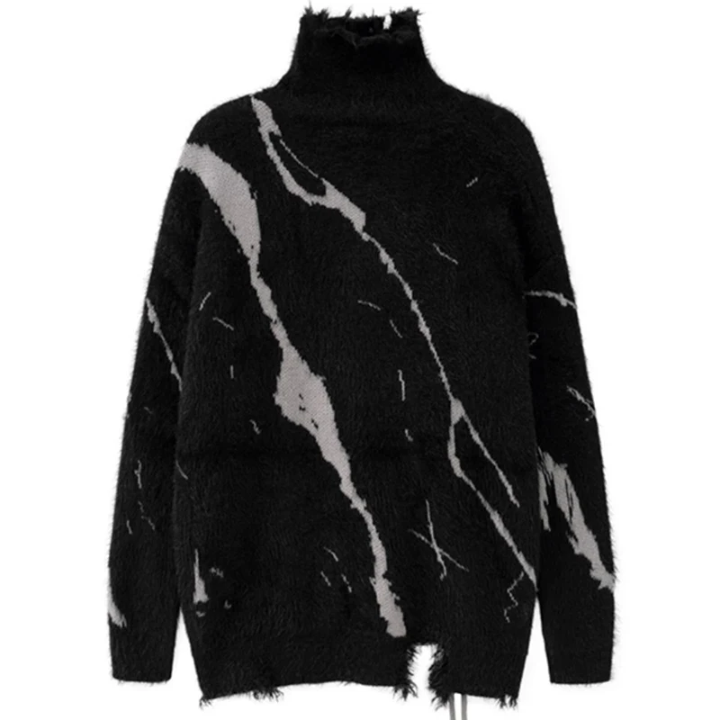 Men's Mohair Dark Turtleneck Sweater Male Autumn Winter Jacquard Tassel Weaving Sweaters Wool Oversize Knitwear Y2k Loose Knit