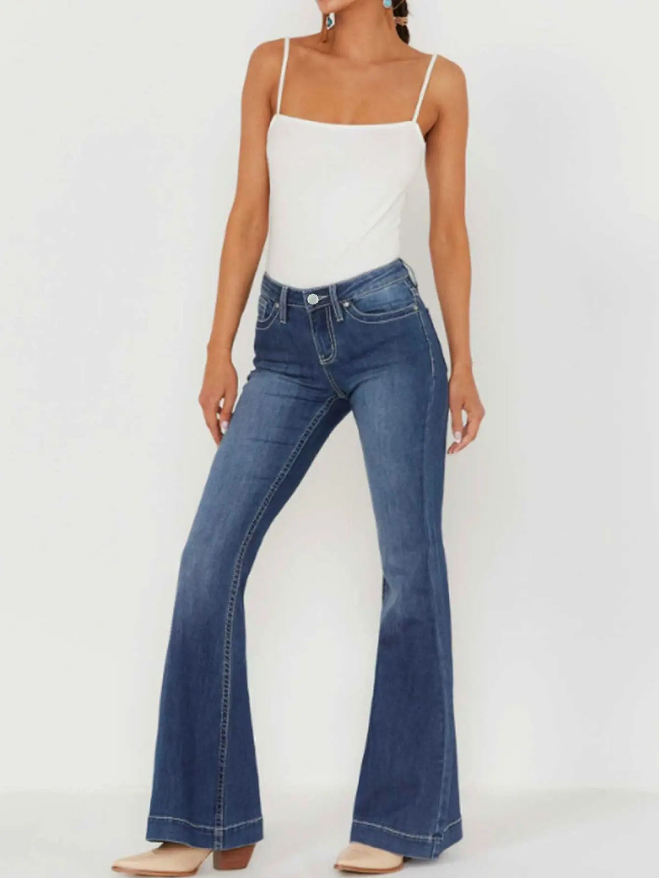 

Джинсы с подтяжкой ягодиц, модные расклешенные джинсы с контролем живота для женщин, повседневные джинсовые брюки с карманами, низ, женская одежда, синий мин.